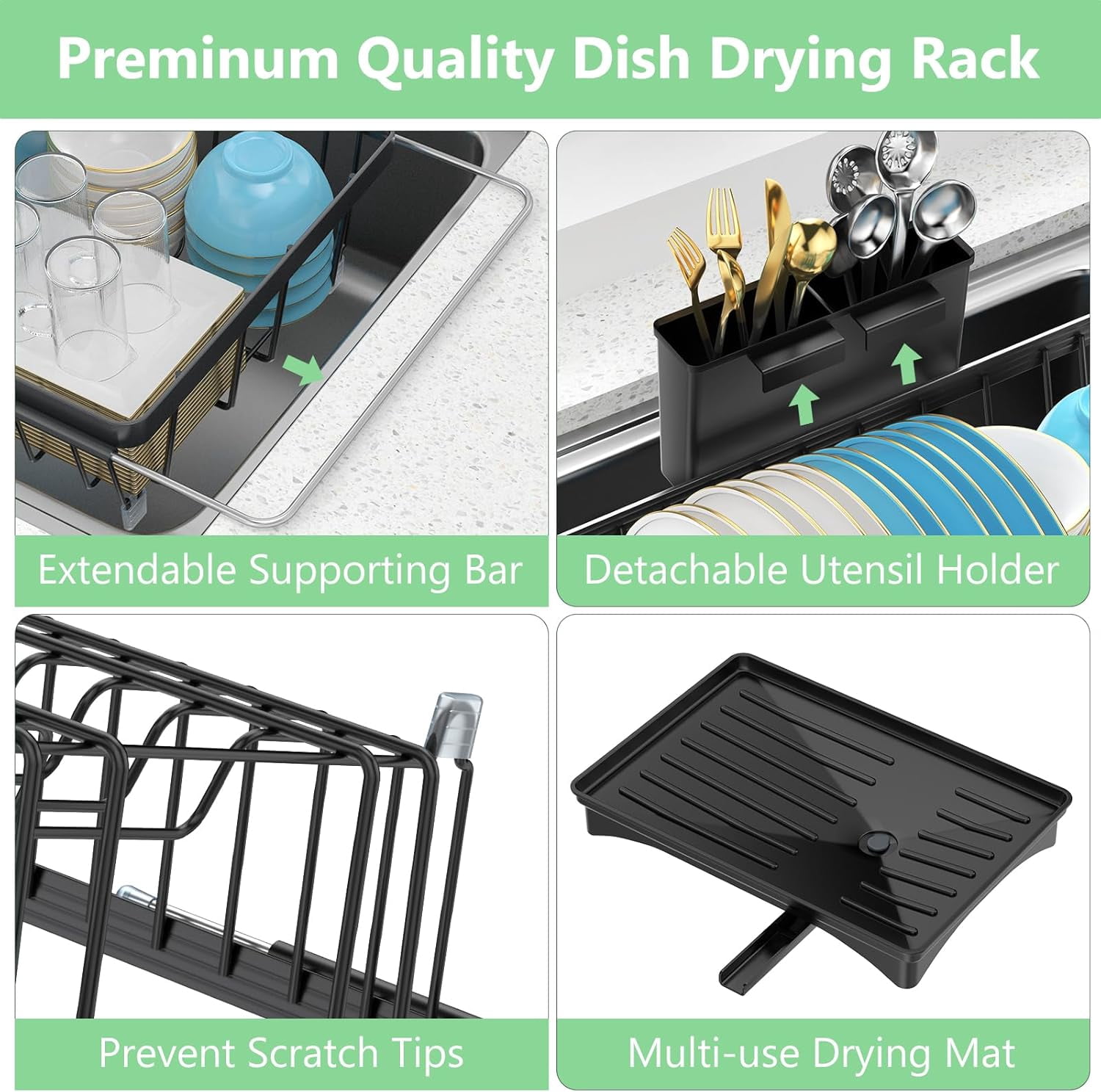 Expandable Dish Drying Rack- Space-Saving Dish Rack, Dish Drainers for Kitchen Counter with a Cutlery Holder, Over The Sink Dish Racks Fit for 14’’-19’’ Kitchen Sink