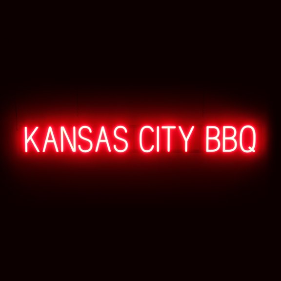 SpellBrite KANSAS CITY BBQ LED Sign for Business. 52.9" x 6.3" Red KANSAS CITY BBQ Sign Has Neon Sign Look With Energy Efficient LED Light Source. Visible from 500 Feet, 8 Animation Settings.