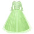 thumbnail image 5 of FYMNSI Flower Girl Dress for Wedding Vintage 3/4 Sleeves Floral Lace Princess Dresses Party Evening Dance Formal Long Gown Tulle Bow Pageant Maxi Dress 13-14 Years Grass Green, 5 of 9