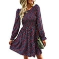 thumbnail image 4 of Printed Dress, Woman's Dress Elastic Comfortable Round Neck  For Party Wear Navy Blue XL, 4 of 6