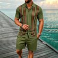 thumbnail image 2 of Men's 2 Piece Outfits Sets Vintage Knit Striped Button Down Polo Shirt & Shorts Sets Short Sleeve Polo Casual Beach Suits Army Green XXXL, 2 of 4