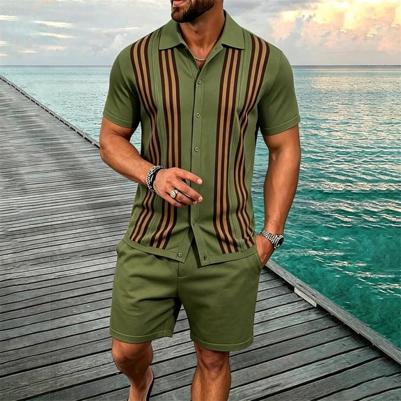 EliteGoogv Mens Outfit Set Casual Button Down Shirt And Shorts Two Piece Suit For Men Summer Beach Vacation Matching Set Army Green XL