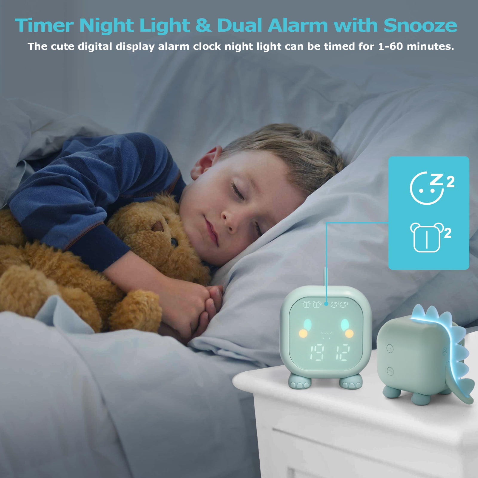 Time to Wake Up Childrens Sleep Trainer LED Digital Dinosaur Clock with Night Light and Snooze Function 12/24 Format for Bedrooms Toddler Boys Girls NO AC Adapter PICTEK Kids Alarm Clock 