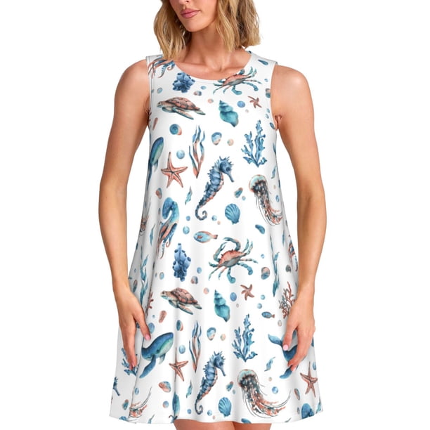 Fotbe Undersea Animals Vestido de Verano sin Mangas para Mujer – Vestido Midi Línea A, Estilo Camiseta Floral, Vestido Playero Casual y Fluido