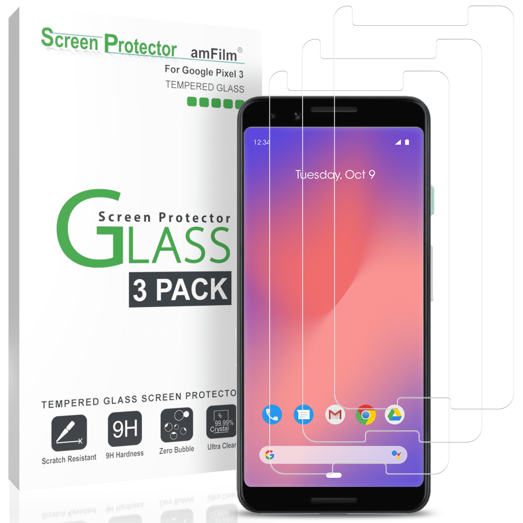 Pixel 3 Screen Protector Glass (3 Pack) amFilm Case Friendly Tempered