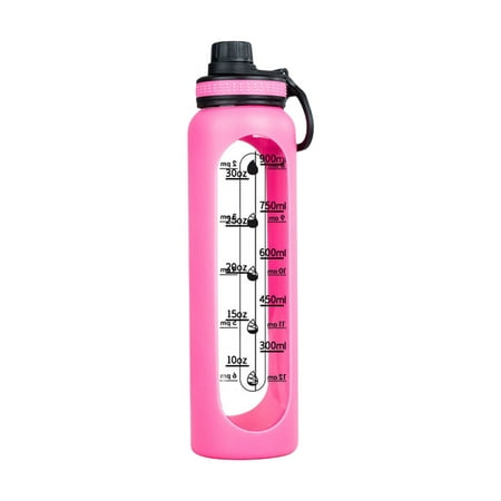 Glass Water Bottle with Straw Lid - Wide Mouth Borosilicate Glass Water Bottles with Time Marker Silicone Sleeve & Extra Lid Pink