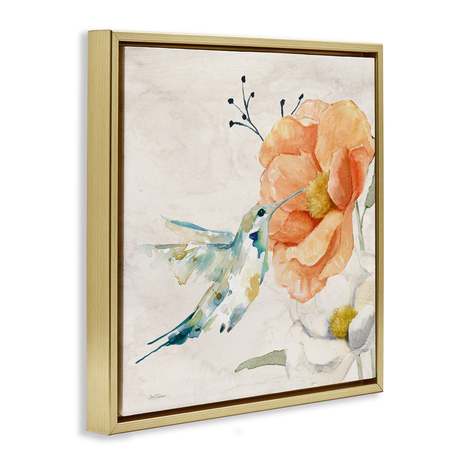 Stupell Industries Blossom & Hummingbird Plants & Flowers Painting Gold Floater Framed Canvas Art Print Wall Art, 18 x 18