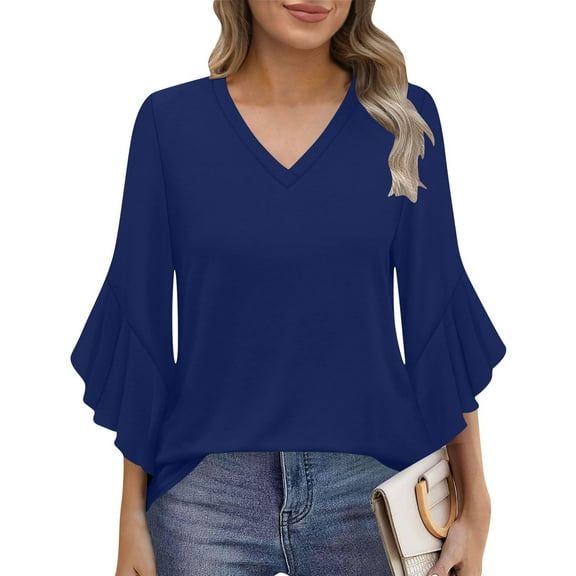 Shirts for Women Plus Size Ruffles Lace Sleeve V-neck Loose Solid Color Casual T-shirt Navy L