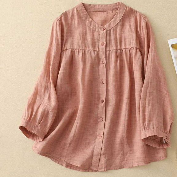 Linen Pintuck Tops for Women Cotton Button Down Long Sleeve Crew Neck Tunic Shirts Casual Summer Loose Fit Blouses