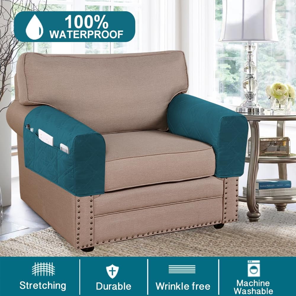 2 Pack Waterproof Armrest Covers for Chairs and Sofas Armrest Covers Couch Arm Covers for Sofa with Side Pocket Anti-Slip Furniture Protector Washable Armrest Slipcovers(Dark Teal)