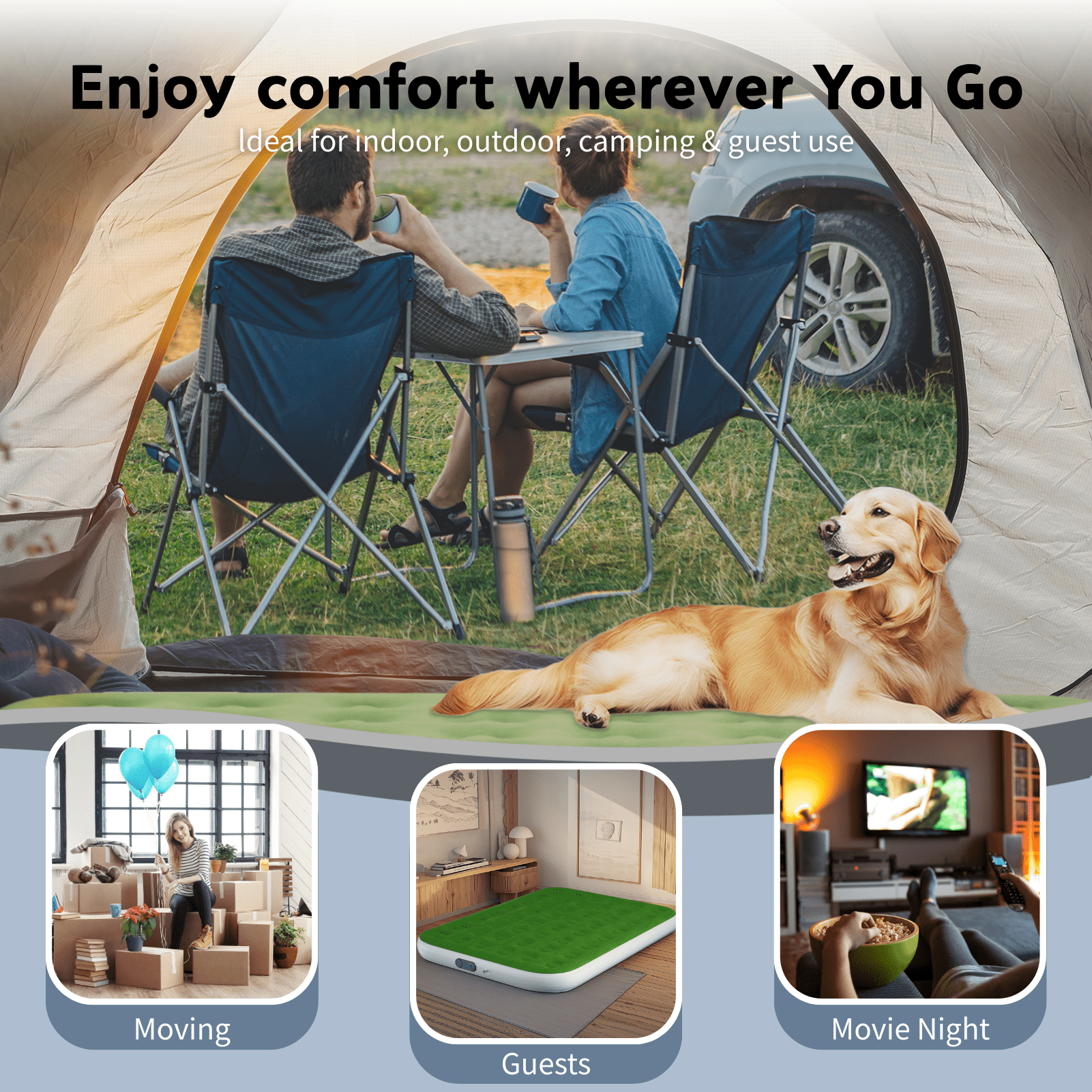 Queen 10" Top Flocking Air Mattress with Built-in Pump Raised Comfort,Fast Inflation/Deflation Foldable Portable Air Bed with Storage Bag for Home,Camping,Guests Green