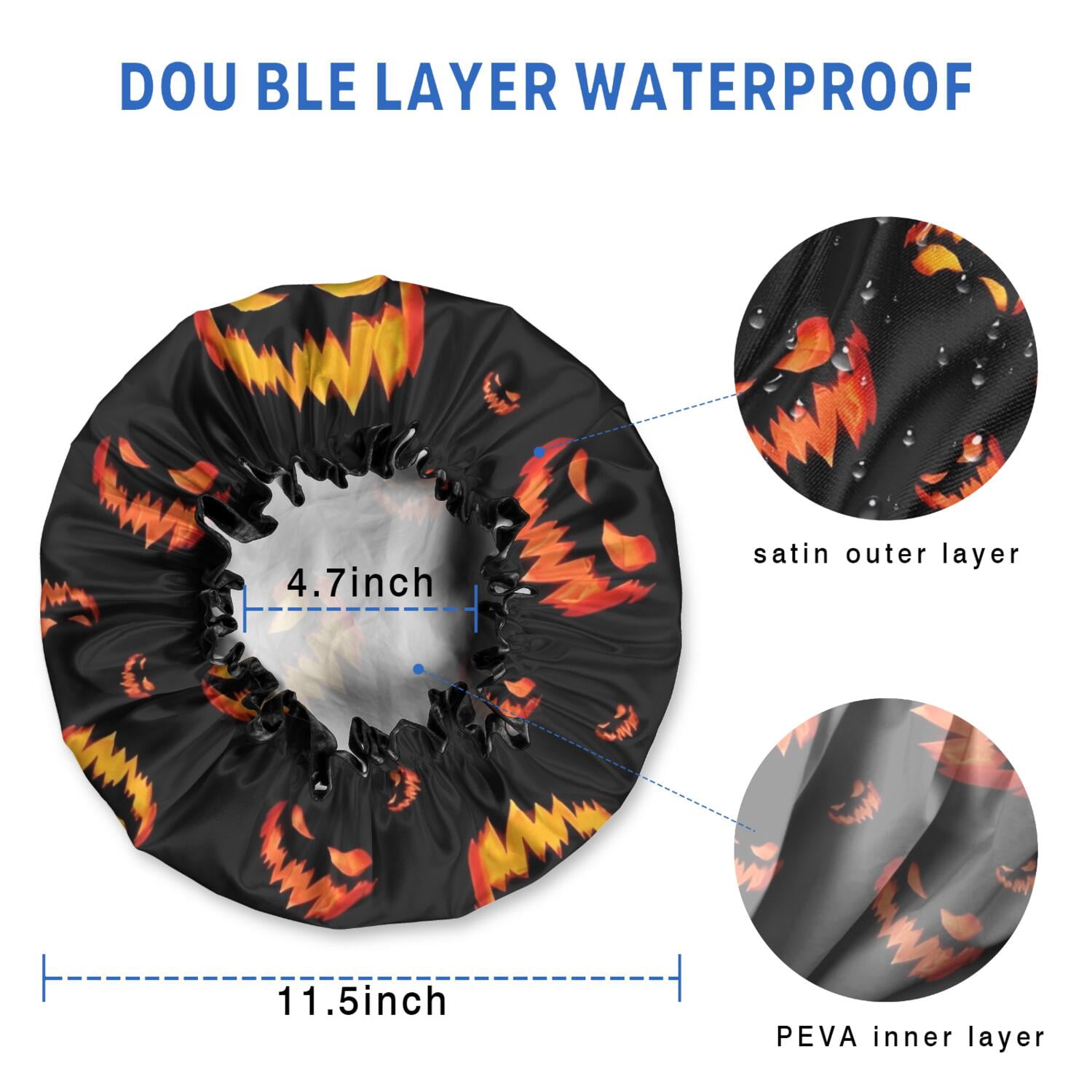 Shower Caps,Black Halloween Pumpkin Faces Waterproof Shower Cap for Women 4 Pieces,Double Reusable Hair Cover for Shower PEVA Elastic Stretch Hem