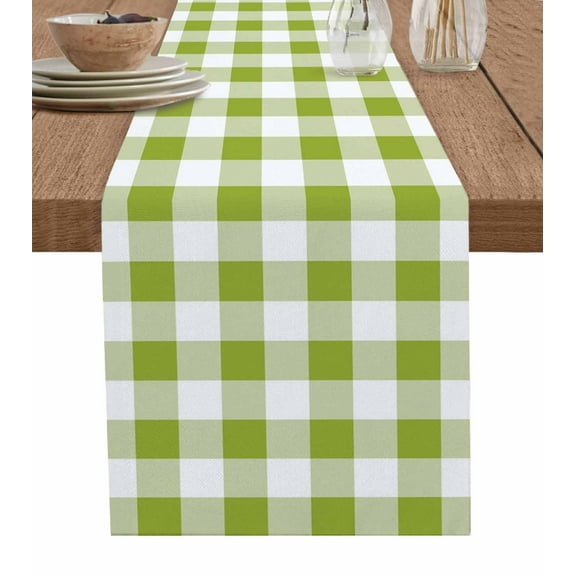 ERUNPONLY Green Plaid Table Runner - 72 Inch Long Gradient Geometric Buffalo White Checkered Cotton and Linen Blended Dress Scarves Farmhouse Table Runner for Kitchen Dining, Coffee Table, 13"x72"