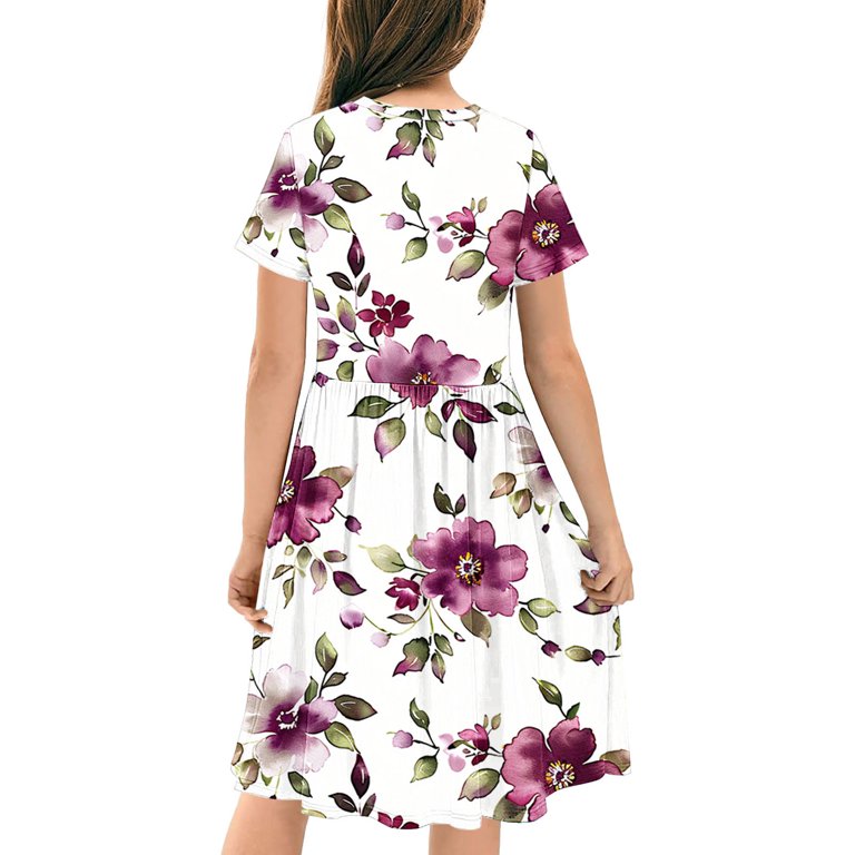 Ugoldhm Girls Summer Maxi Dresses A-Line Casual Crew Neck Short Sleeve  Pleated Tea-Length Dress Size 4-14 - Walmart.com