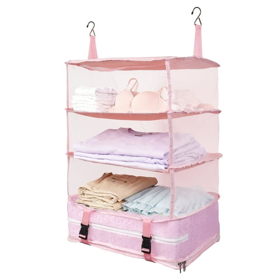 Farest XXL-Large Portable Hanging Travel Organizer, Packing Cube Organizer with 3 Shelves, Luggage Organizer with Zippered Compartment, Carry on Closet Packing Bag Storage for Suitcase, Pink