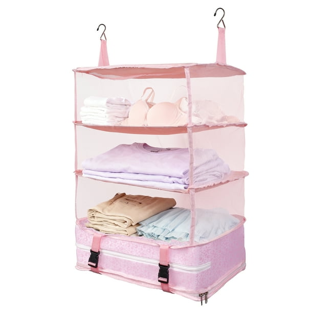Farest Organizador de Viaje Colgante Portátil XXL Grande, Organizador de Cubos de Embalaje con 3 Estantes, Organizador de Equipaje con Compartimento con Cremallera, Almacenamiento de Bolsas de Embalaje para Maleta, Rosa