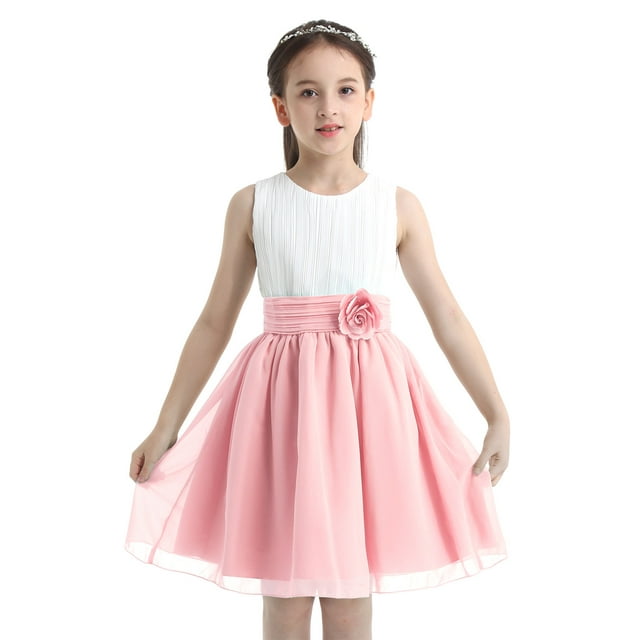 Sywiyi Robe de Mariage Sans Manches en Chiffon pour Enfants Robe de Princesse de Concours de Danse Jupe Plissée en Tulle Blanc&Rose 12