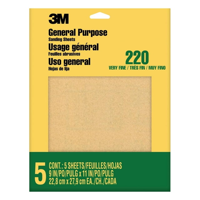 Papel de lija 3M 9000NA-20, grano 220, 5 hojas para pintar madera y metal