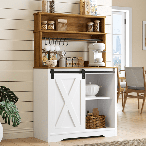 EVOKEDEN Farmhouse Coffee Bar Cabinet w/ LED Light, 55 Inch Bakers Rack w/ Storage, White