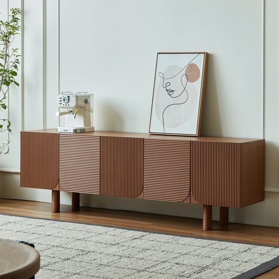 siu want Mid-Century Modern TV Stand for 80 Inch TVs, 70.9 inch Media Console with Fluted Doors & 4 Storage Cabinets, Walnut Entertainment Center for Living Room