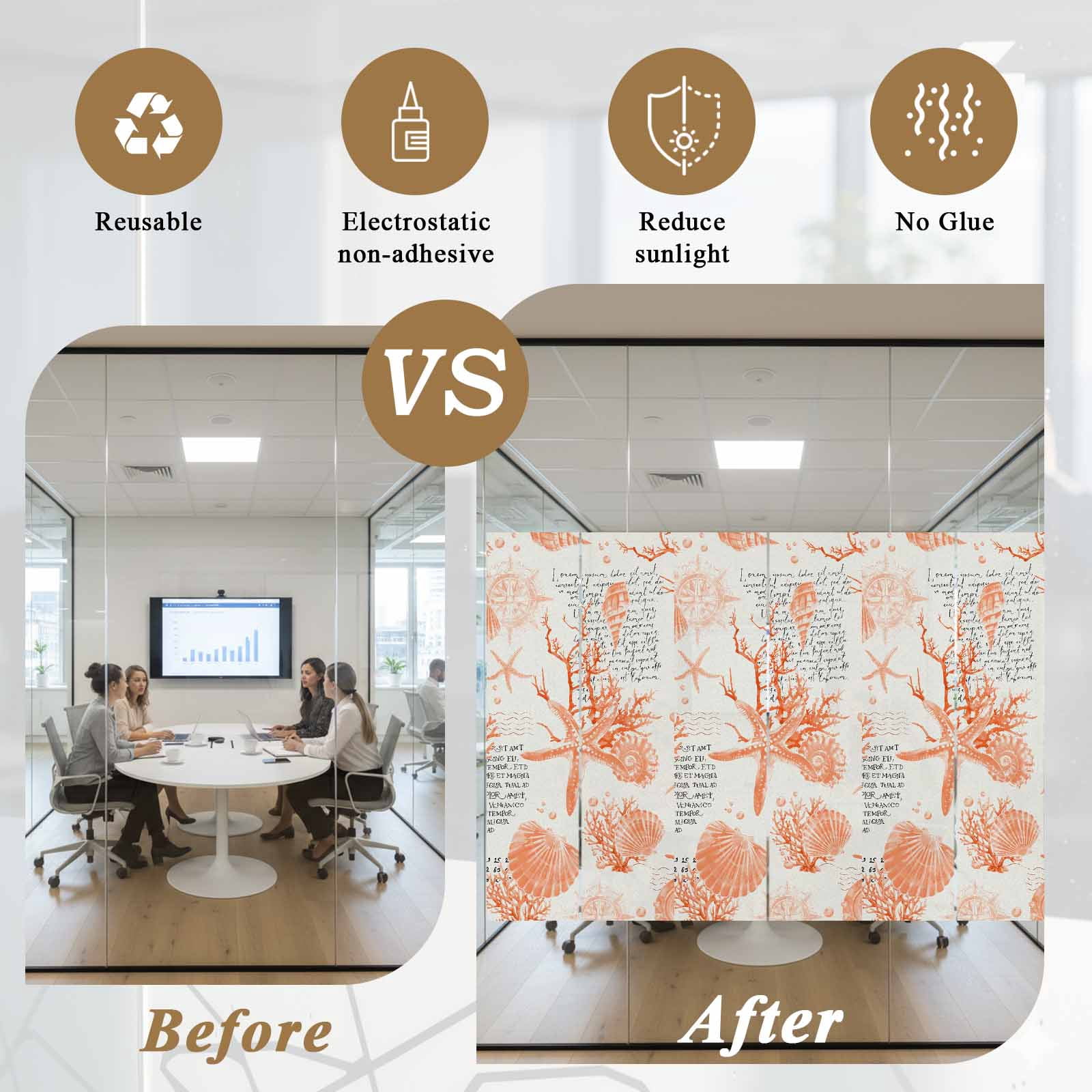 Orange Coastal Window Privacy Film, Starfish Shell Coral Seahorse Frosted Glass Window Clings Static Cling UV Heat Blocking Reusable Door Sticker for Bathroom 23.6 x 59 Inch