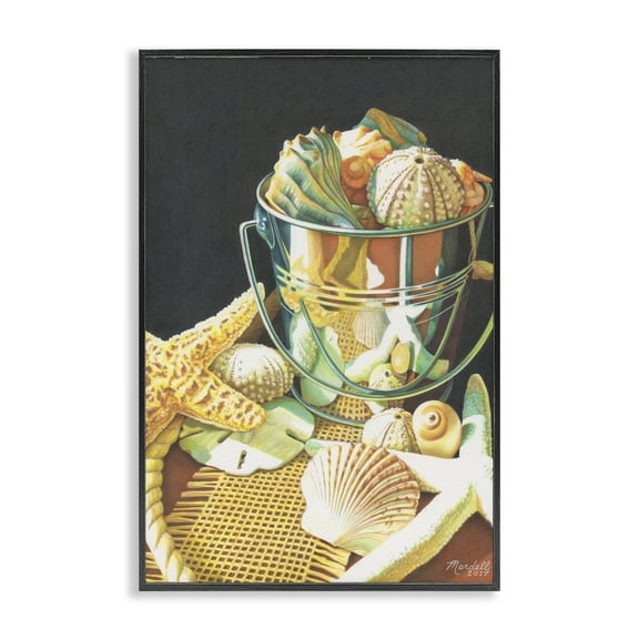 Stupell Industries Bucket Of Seashells Coastal Painting Black Framed Art Print Wall Art, 12 x 18
