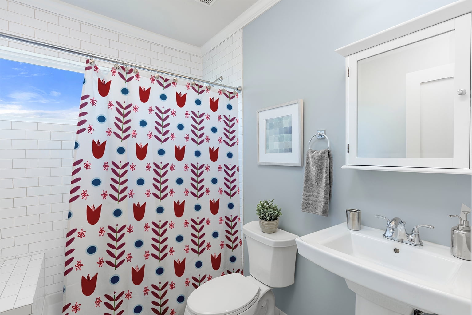 Simply Daisy 70" W x 73" L Spring Garden Polyester Shower Curtain, White-Red [1 Ct]