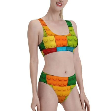 Uemuo Colorful Building Blocks Printed Women s High Waisted Bikini Sets Sporty Two Piece Swimsuits Color Block Cheeky High Cut Bathing Suits-Medium