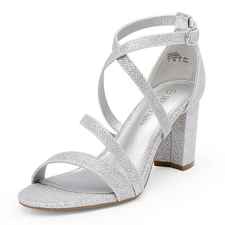 

BURUDANI Women s Ankle Strap Dress Pump Low Chunky Heel Sandals SILVER/GLITTER Size 10