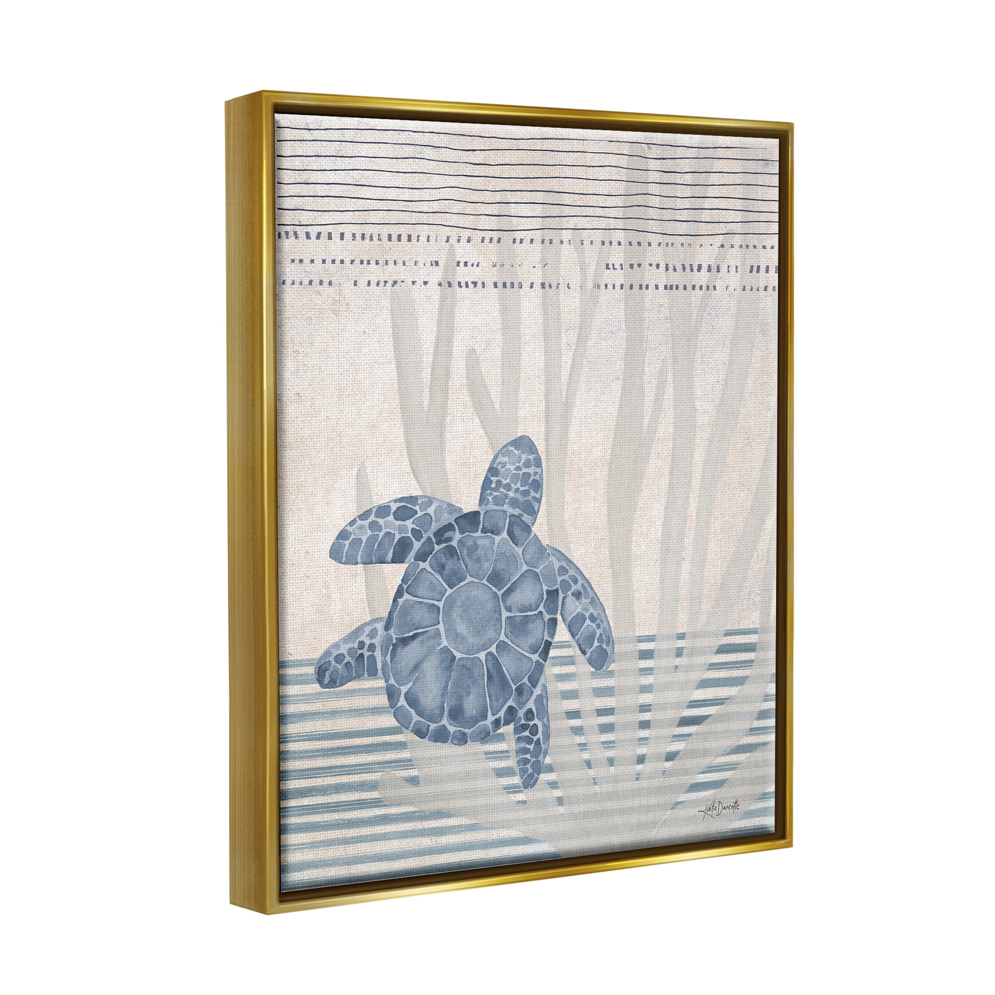 Stupell Industries Nautical Sea Turtle Patterned Stripes Graphic Art Metallic Gold Floating Framed Canvas Print Wall Art, Design by Katie Doucette