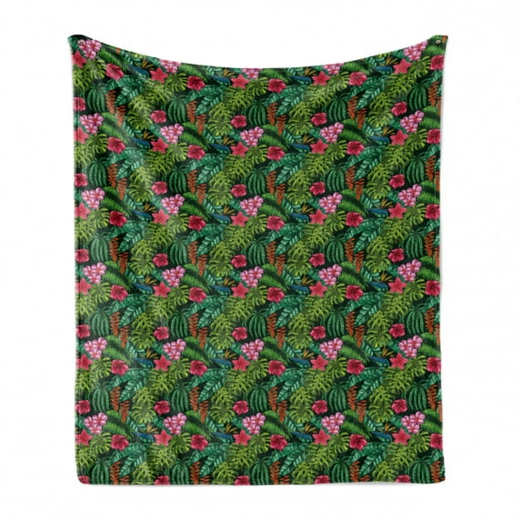Exotic Soft Flannel Fleece Throw Blanket, Hibiscus Plumeria Palm Leaves Monstera Tropic Amazonian Plants, Cozy Plush for Indoor and Outdoor Use, 60" x 80", Multicolor, by Ambesonne