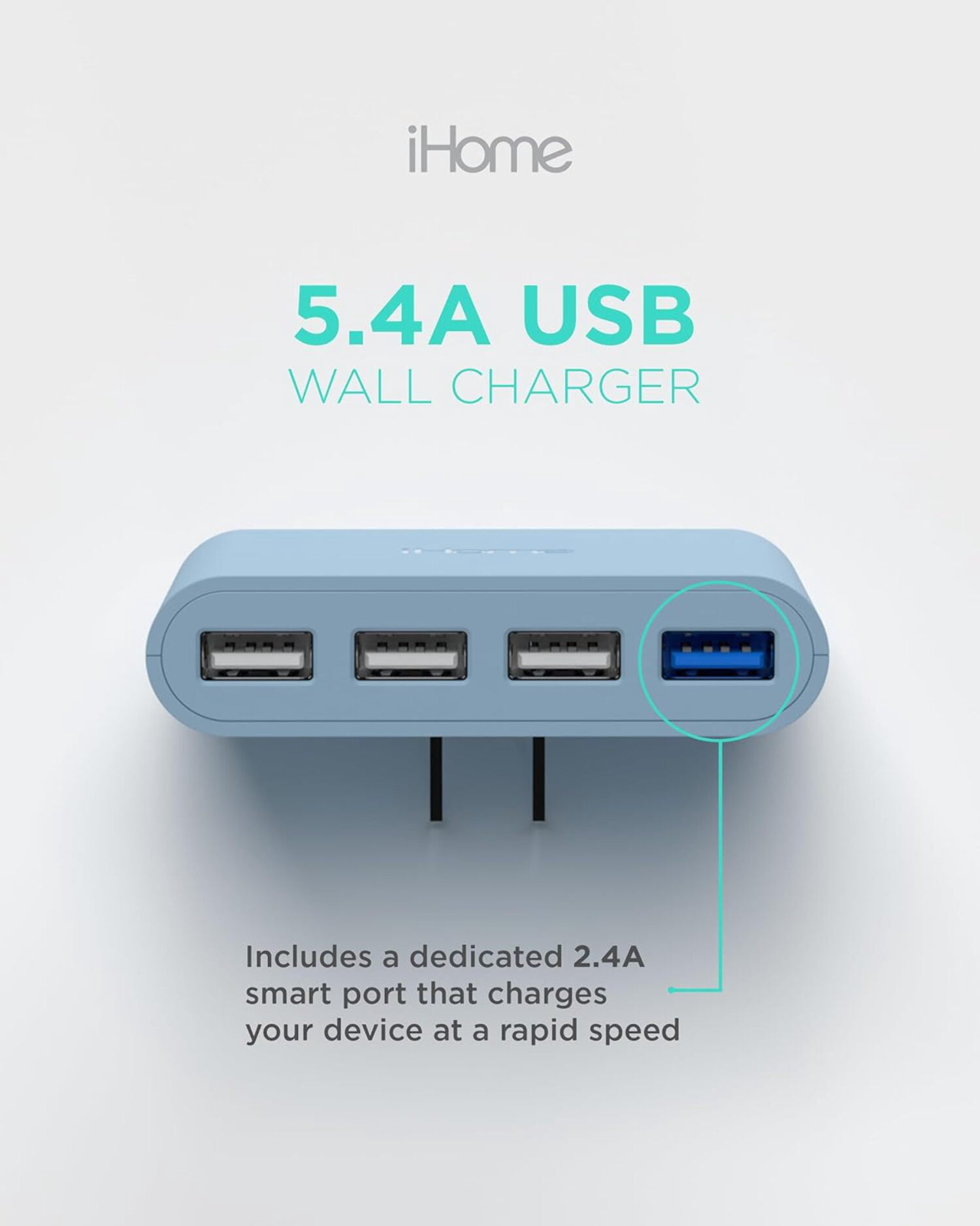 iHome Slim 4-Port USB Wall Charger, AC Pro Flat Plug Adapter, Charging Block for Home & Travel