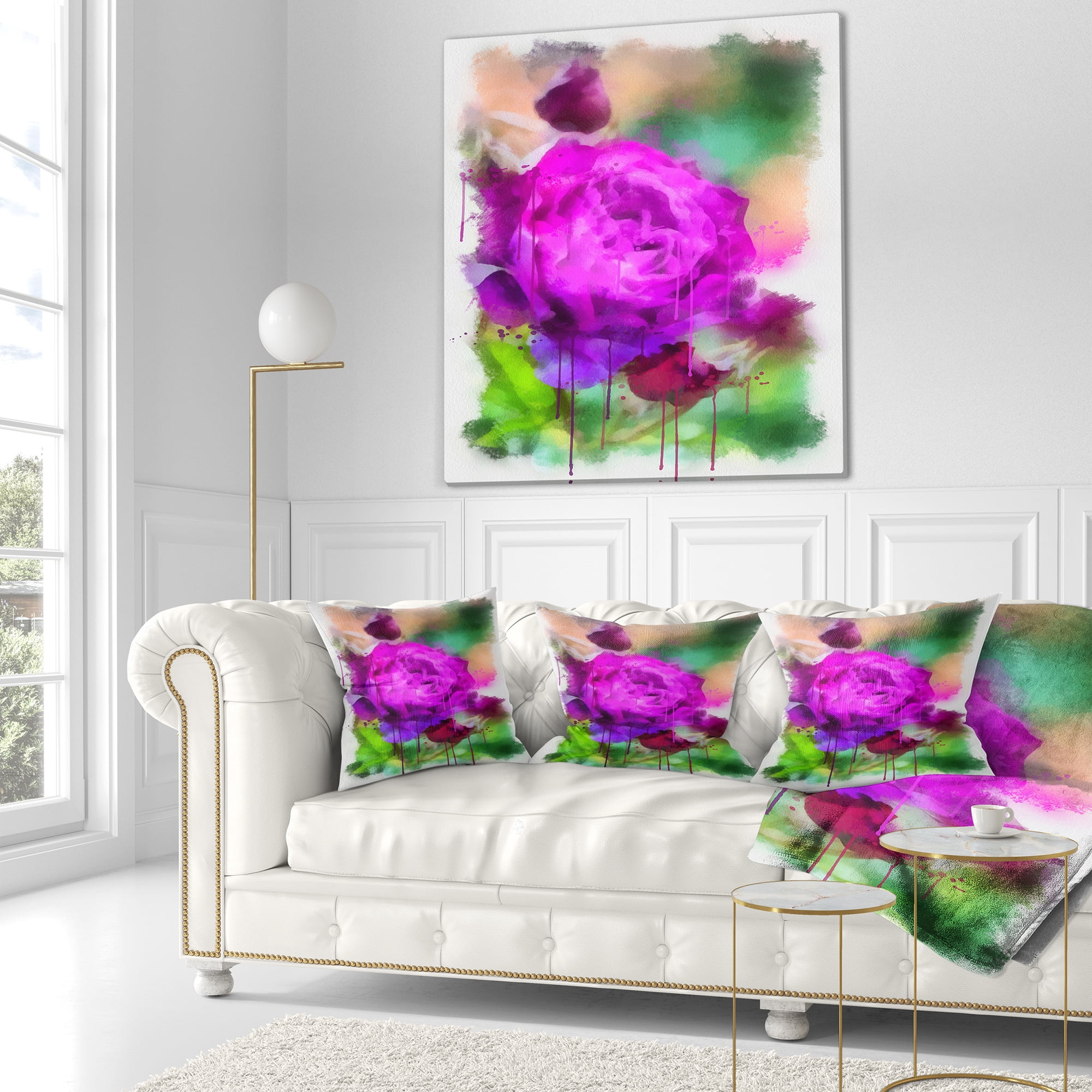 Designart Purple Watercolor Rose Painting - Floral Throw Pillow - 18x18