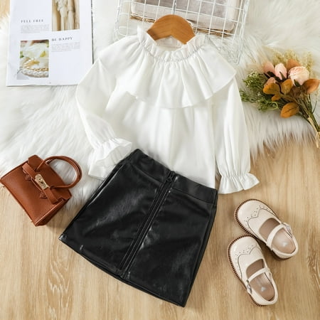 

Hunpta Toddler Kids Baby Girls Long Sleeve Ruffle T Shirt Tops PU Leather Zipper Skirts 2PCS Princess Outfits Clothes Set