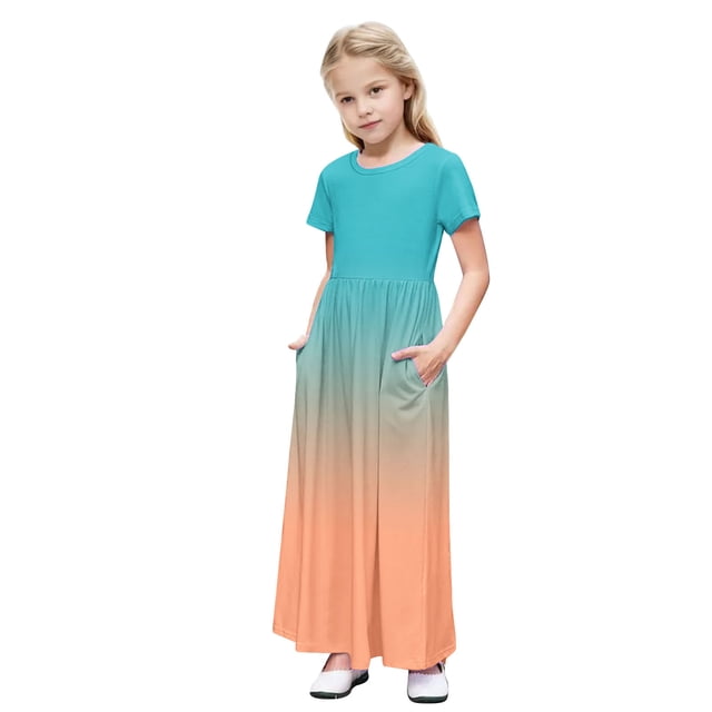 yoeyez Robe d'Été pour Tout-Petits Robe Longue Dégradée Grande Taille Manches Courtes Col Rond Plissée Robe de Soleil pour Filles 14-16 Robes Fantaisie pour Filles Orange, 4-5 Ans