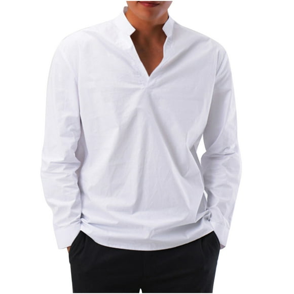 Penkiiy Men's Dress Shirts Fashionable Men's Casual Deep V Sexy Long Sleeve Shirt Solid Color Multi-code White Shirts