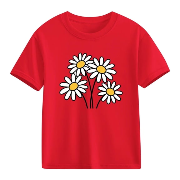 Red Girls Daisy Print T-Shirt, Cotton Short Sleeve Tee for Kids, Cute Flower Kids & Little Girl Top, Casual Play Shirt,Size 9 T