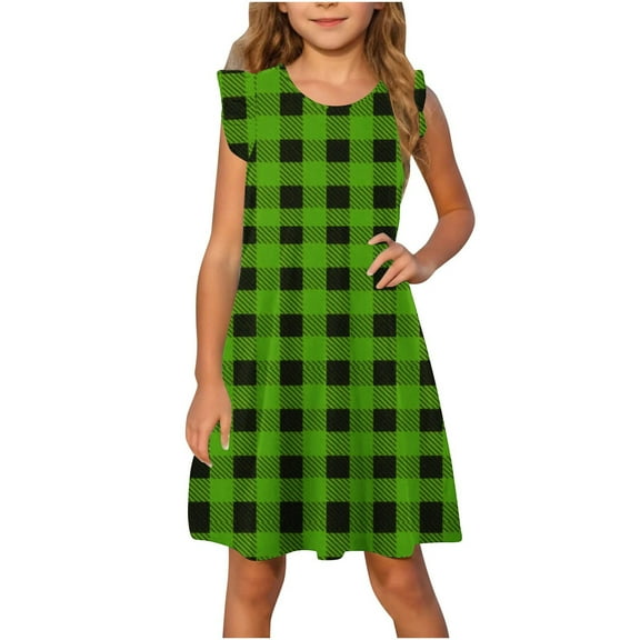 Girls Dresses Summer Size 4-14 Cute Ruffle Sleeveless Crewneck Sundresses Teens Juniors Plaid Printed Pullover Beach Midi Dress