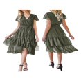 thumbnail image 4 of Femmes Boho Manches Courtes V Robe de Cou Casual Ruffle Wrap Swing Plage Sundress Été Mousseline de Soie Parti Midi Robe avec Ceinture, 4 of 5