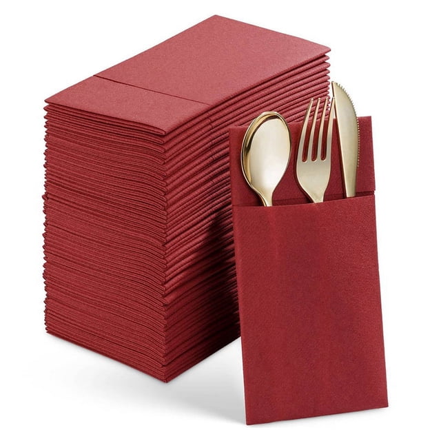 50 Pcs Serviettes de Table Jetables avec Poche Intégrée pour Couverts, Serviettes en Papier Prépliées pour Fête de Mariage Rouge