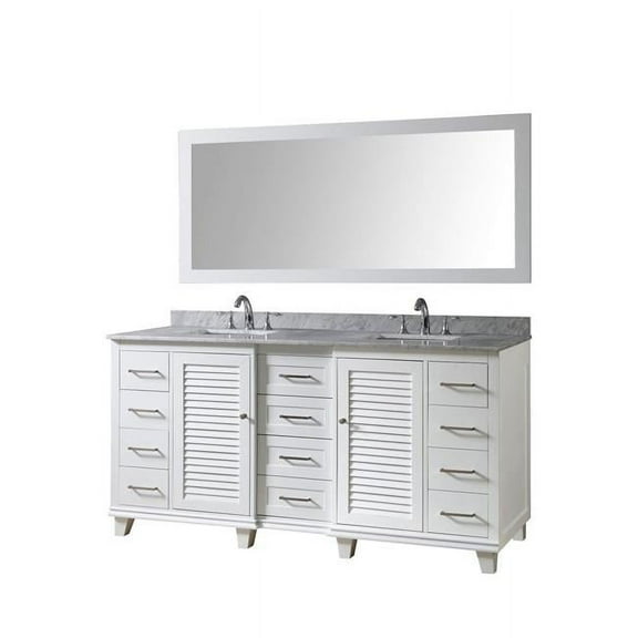 J & J International  72 in. Ultimate Shutter Vanity in White with Carrara White Marble Vanity Top with white basins & Mirror