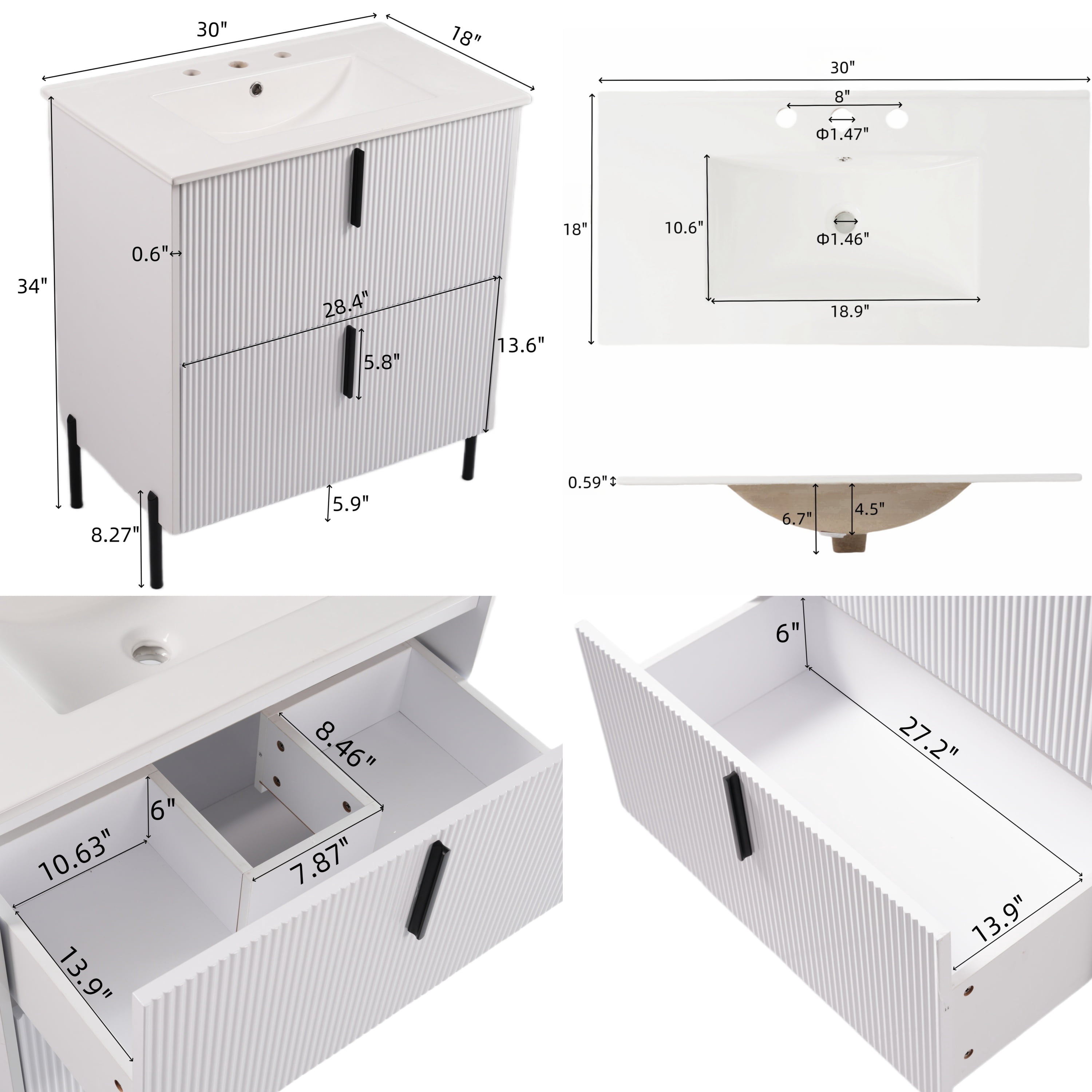 30" Bathroom Vanity with Ceramic Sink and Full-Extension Drawers, Soft Close Undermount Drawer Slides, Fluted Design, White