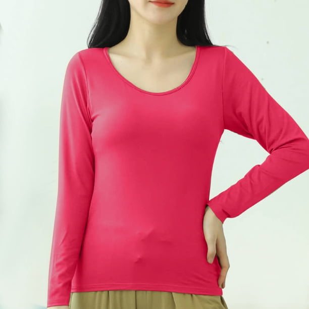 Pijama de manga larga para mujer, color liso, manga larga, cuello redondo, con copa acolchada, ropa de casa, pijama modal para mujer