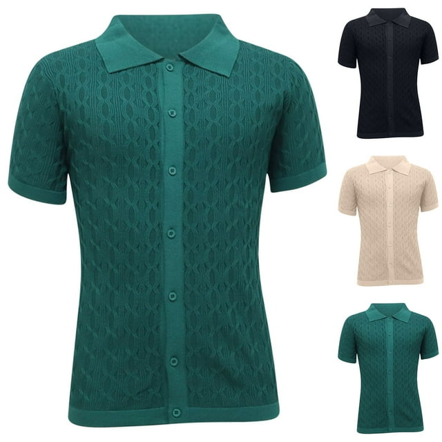 VBTAPA Chemise en Tricot de Coton pour Homme Coupe Ajustée Manches Courtes Chemises Boutonnées Texturées Décontractées Hauts d'Été Soldes du Jour Vert G