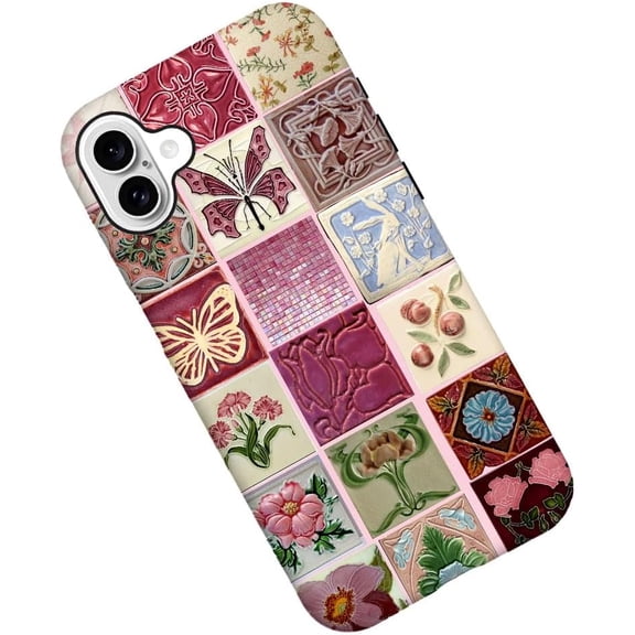 Case for iPhone 16, Pink Tiles Butterfly Flower Collage Phone Case Military-Grade Drop Protection Cover for Women Girl - Frosted