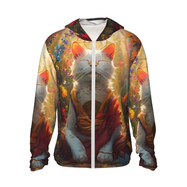 Fotbe Sunshine Flower Meditating Cat Chaqueta con Protección Solar UPF 50+ para Hombre y Mujer, Camisa con Capucha y Bolsillos-Small