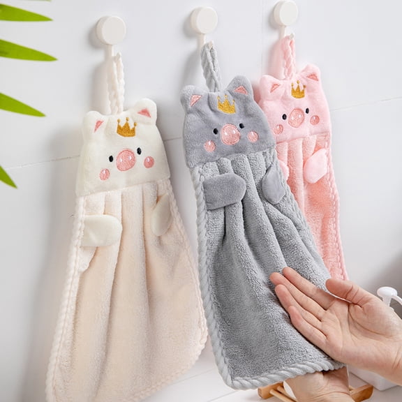 Visland Pig Kitchen Towels - Hanging Hand Towel,Soft Coral Fleece Hand Towels or Dishcloths with Hanging Loop, Absorbent Hand Towel for Bathroom Kitchen Decoration
