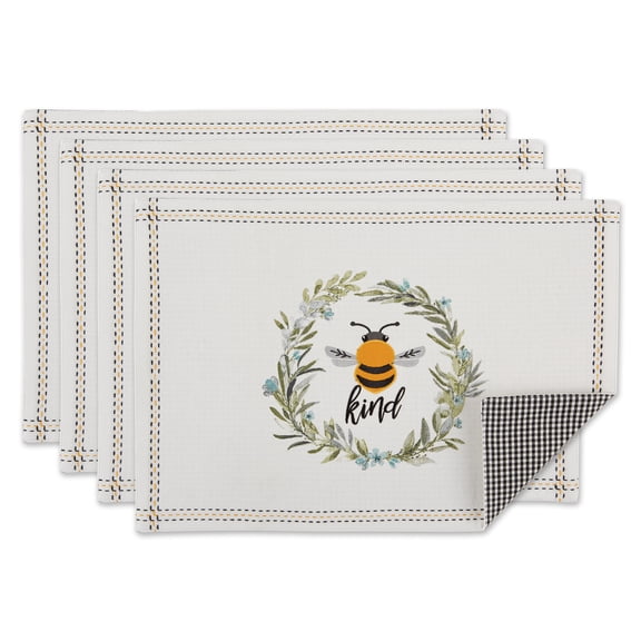 Contemporary Home Living Embroidered Bee Kind Reversible Cotton Placemats - 19"- White and Black-