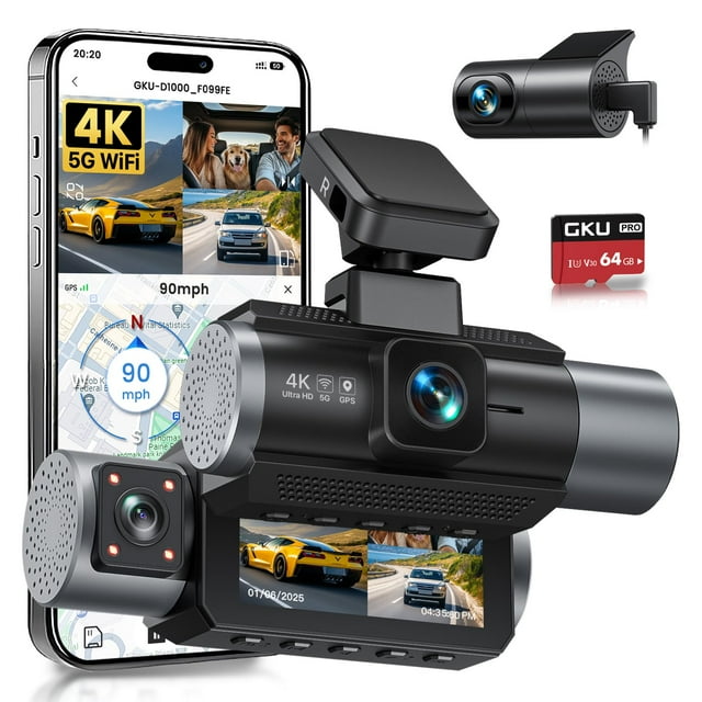 Dash Cam GKU 4K, 3 canales, 5.8 GHz, WiFi, GPS, 64 GB, modo de estacionamiento las 24 horas