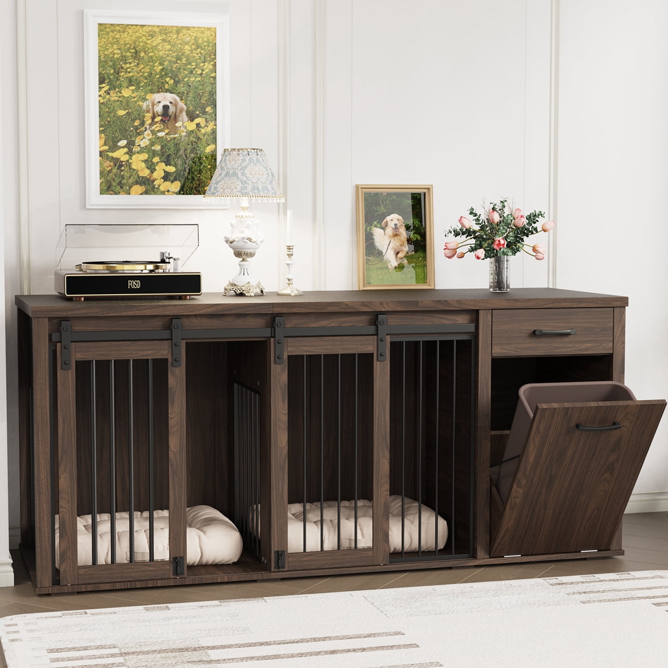 71'' Multi- Functional Dog Crate Furniture for 2 Dogs with Divider and Sliding Doors, Large Dog Kennel with Storage Drawer and Tilt Out Trash Cabinet, Brown